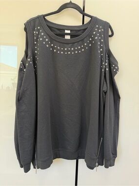 Unk Black Cold-Shoulder Studded Sweatshirt with Hem Zippers